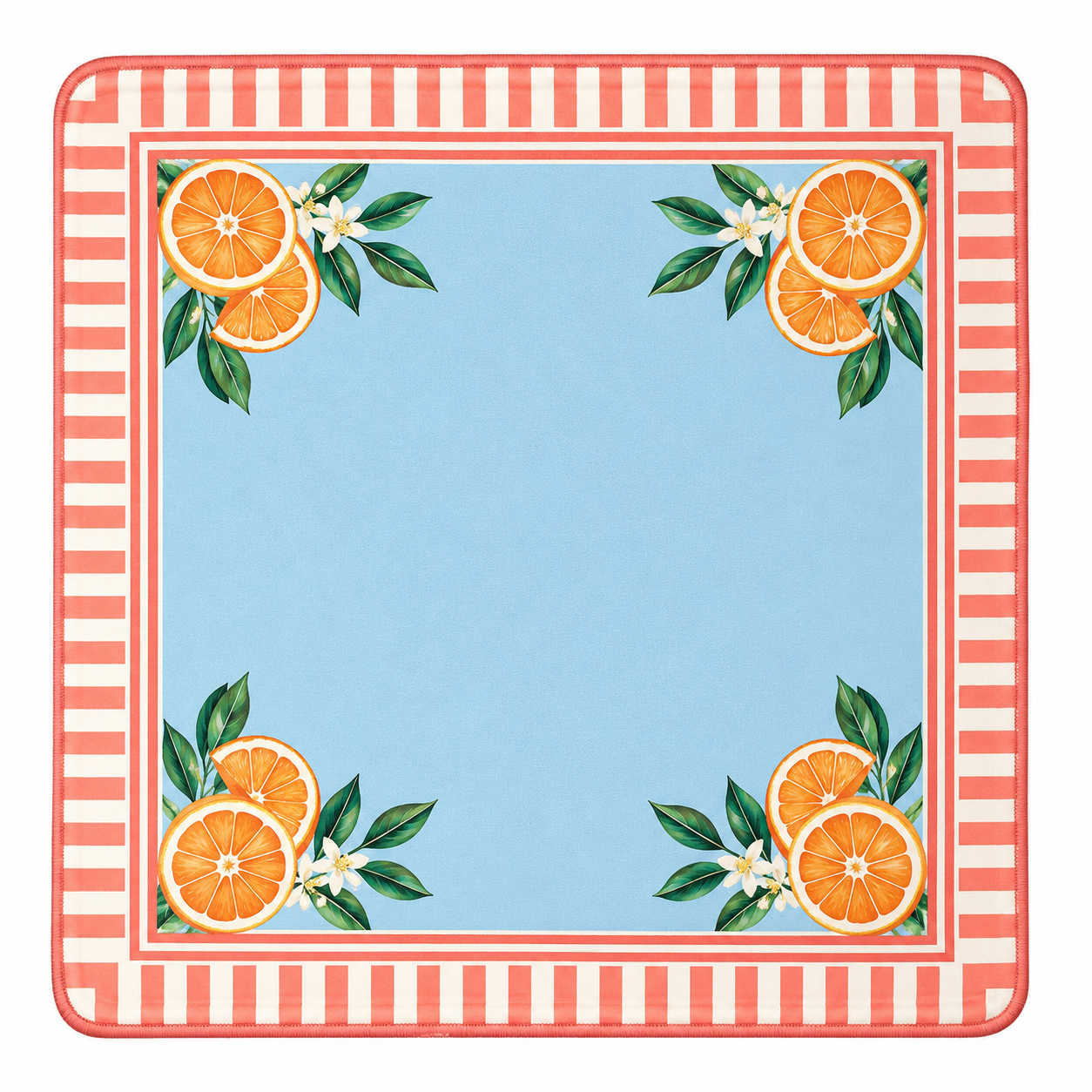 Square mahjong mat with red striped border, orange citrus corners, green leaves, blue center
