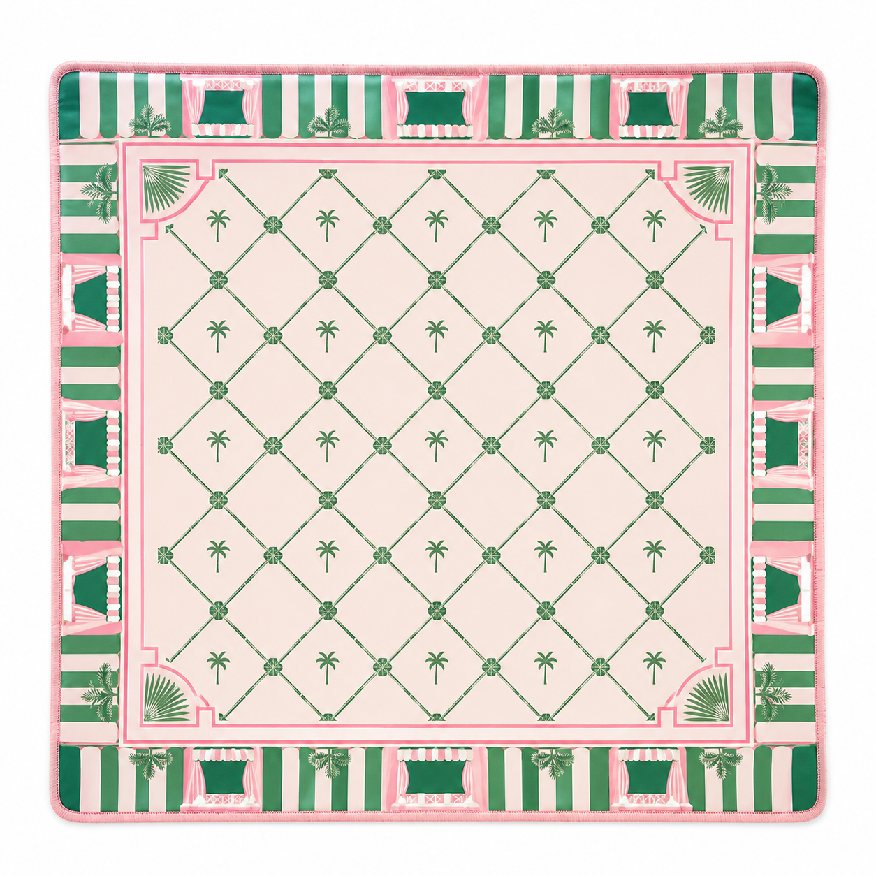 Pink and green trellis-pattern ready-made mahjong mat with diamond grid center