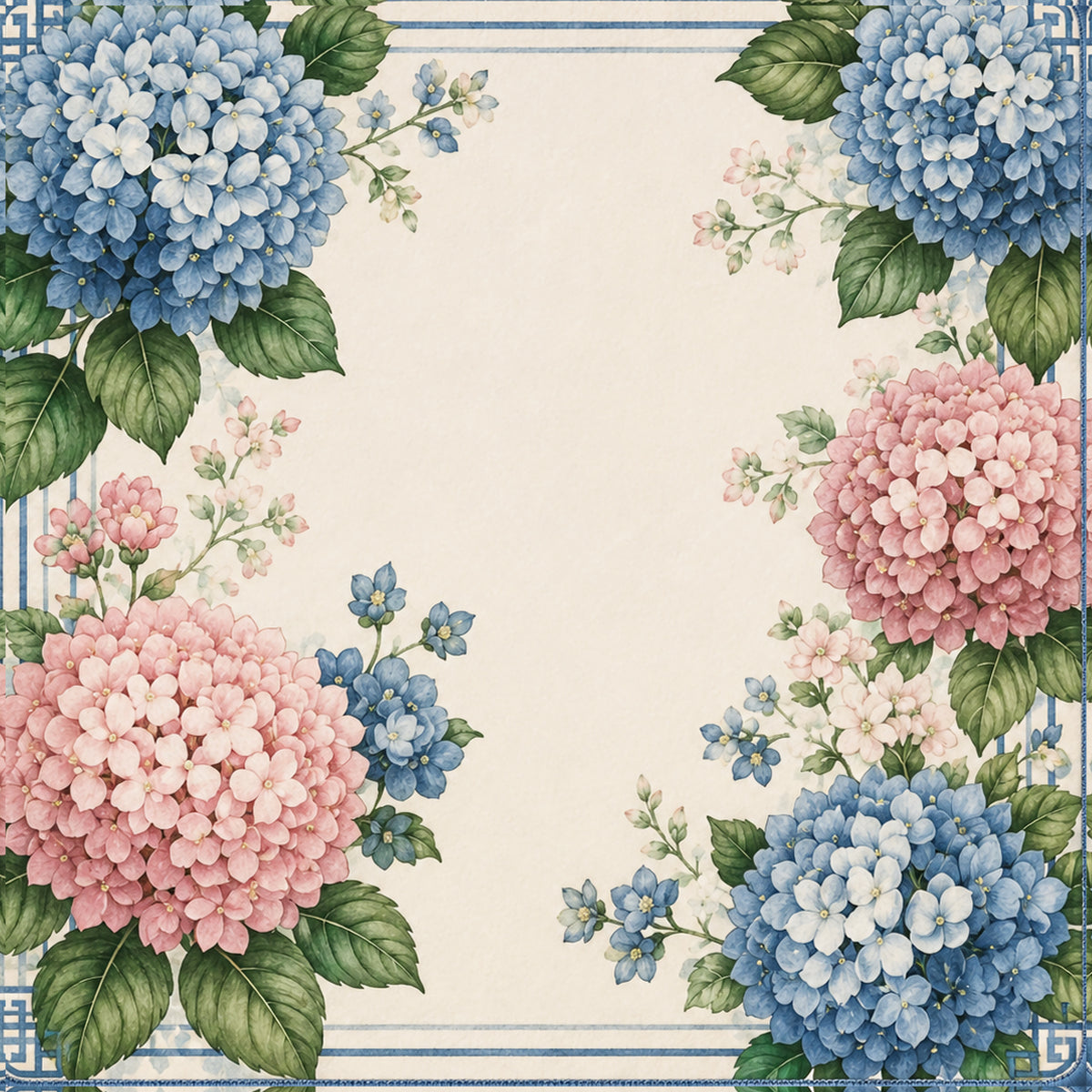 Hydrangea floral mahjong mat with blue and pink blooms, striped border, and geometric corners
