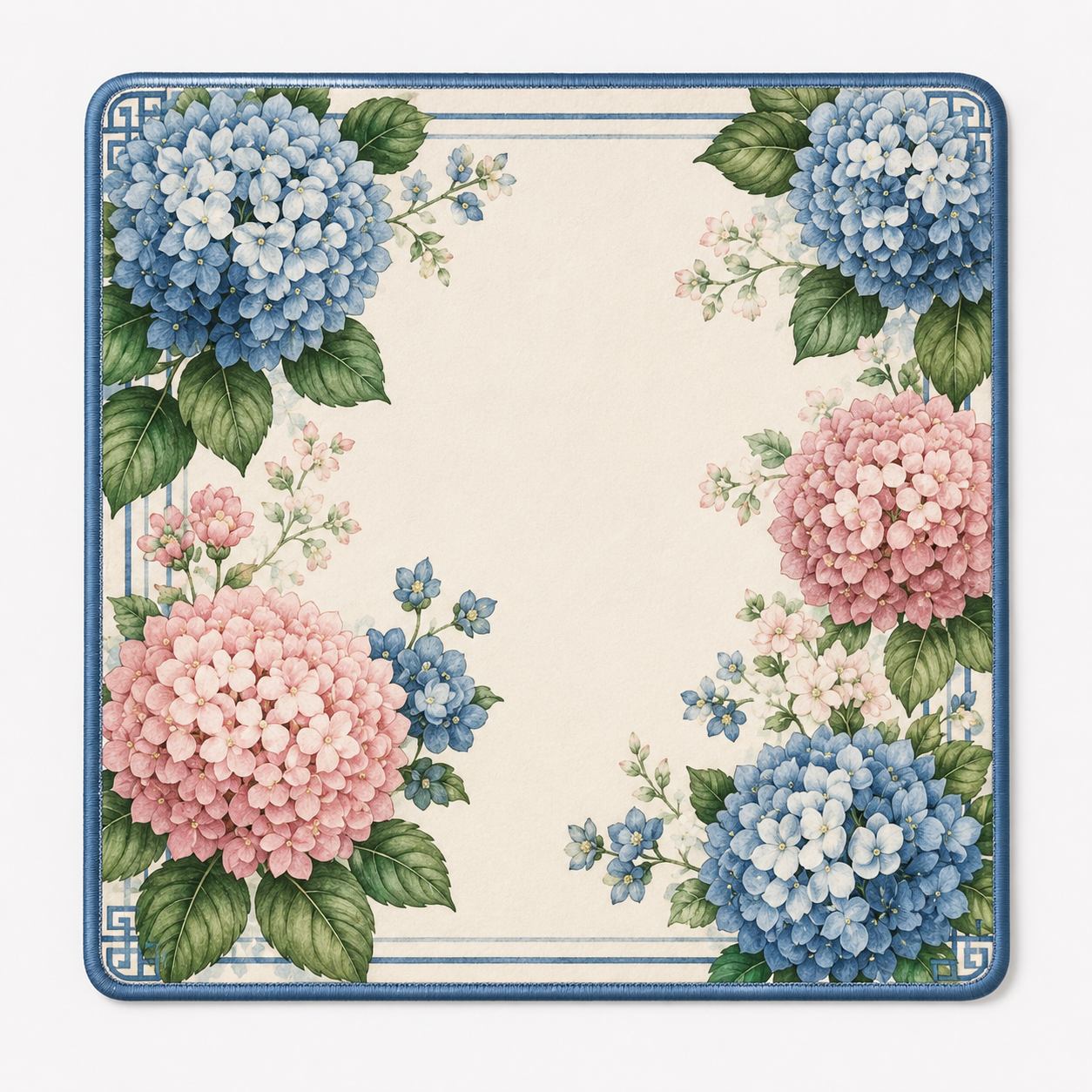 Floral hydrangea border mahjong mat, square beige center with blue and pink blooms