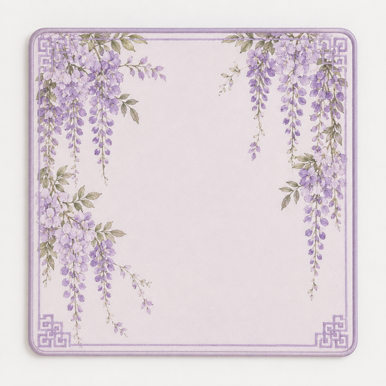 Purple wisteria vine design ready-made mahjong mat with ornate corner border