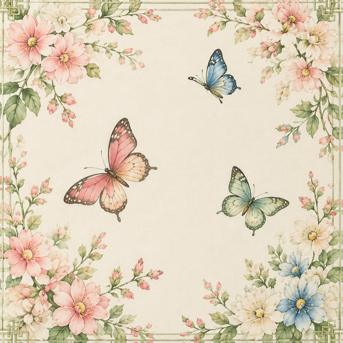 Butterfly floral mahjong mat with cream background, pink and blue butterflies, and floral border