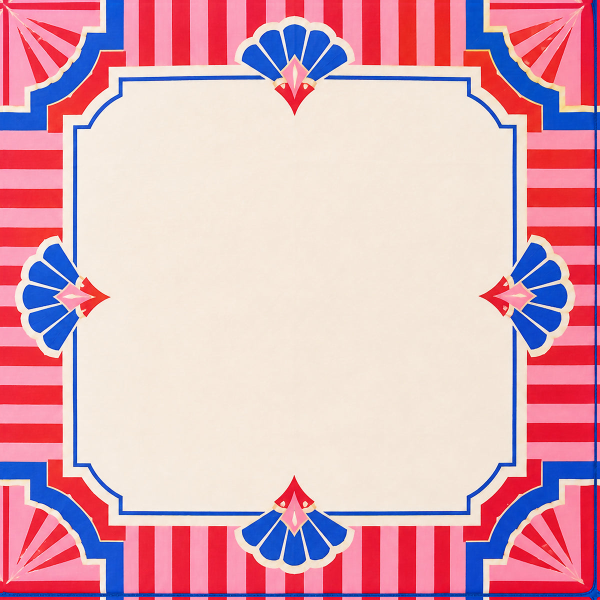 Red and blue deco fan-framed mahjong mat with blank cream center