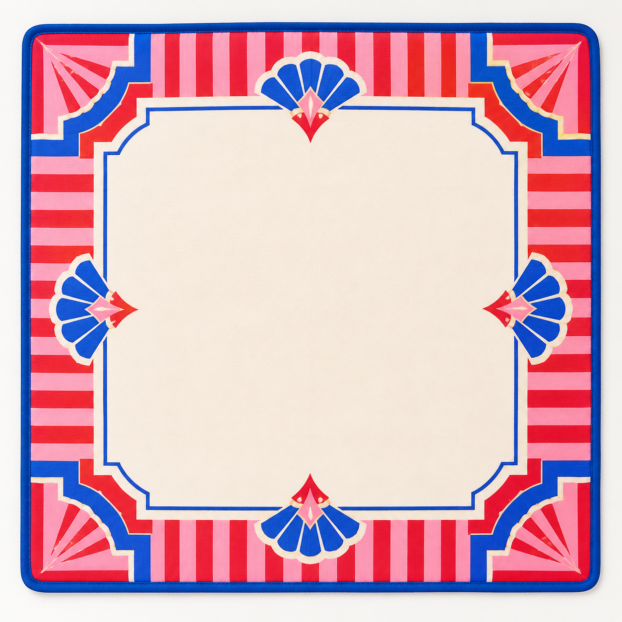 Ready-made mahjong mat with red and blue striped border and scalloped center frame