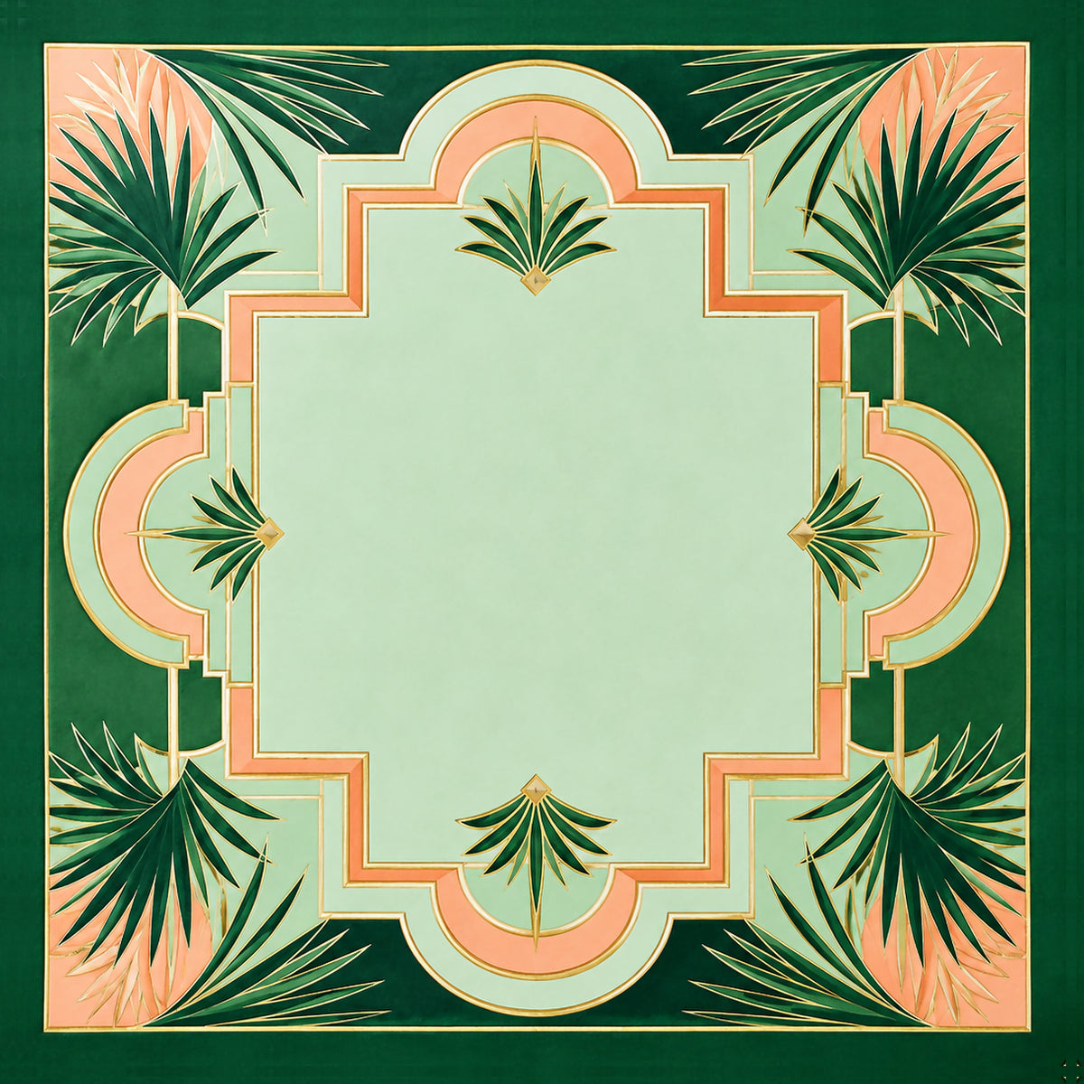 Ready-made mahjong mat with mint green center and art deco palm leaf border
