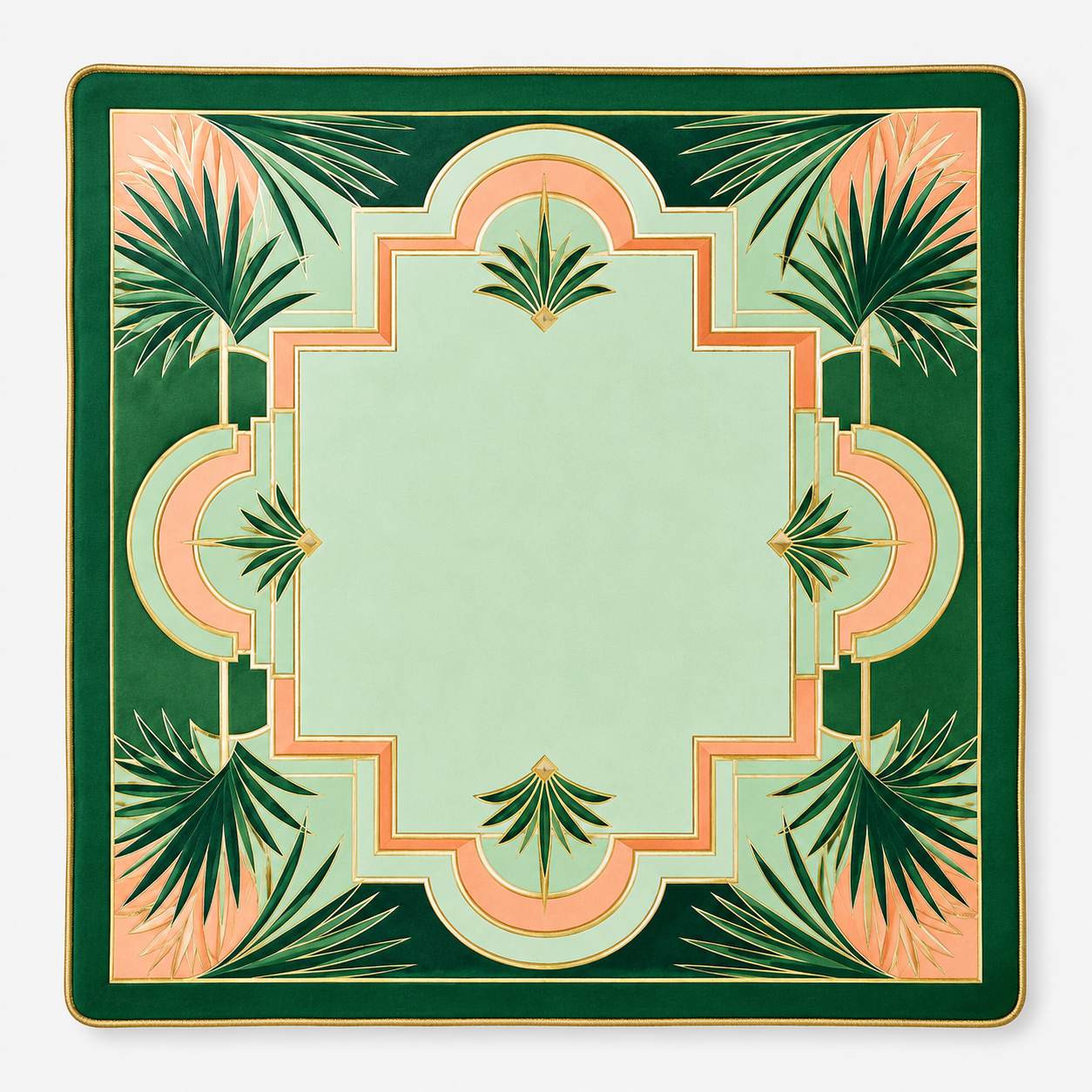 Square mahjong mat with mint green border and palm leaf art in peach and gold.