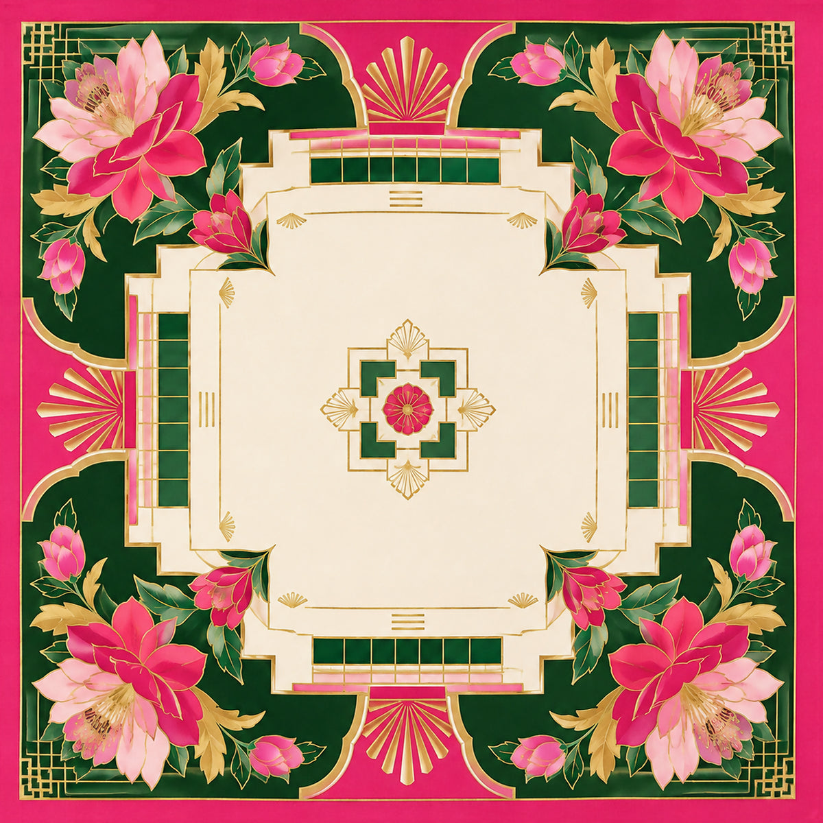 Floral mahjong mat with green frame, pink flowers, and cream geometric center