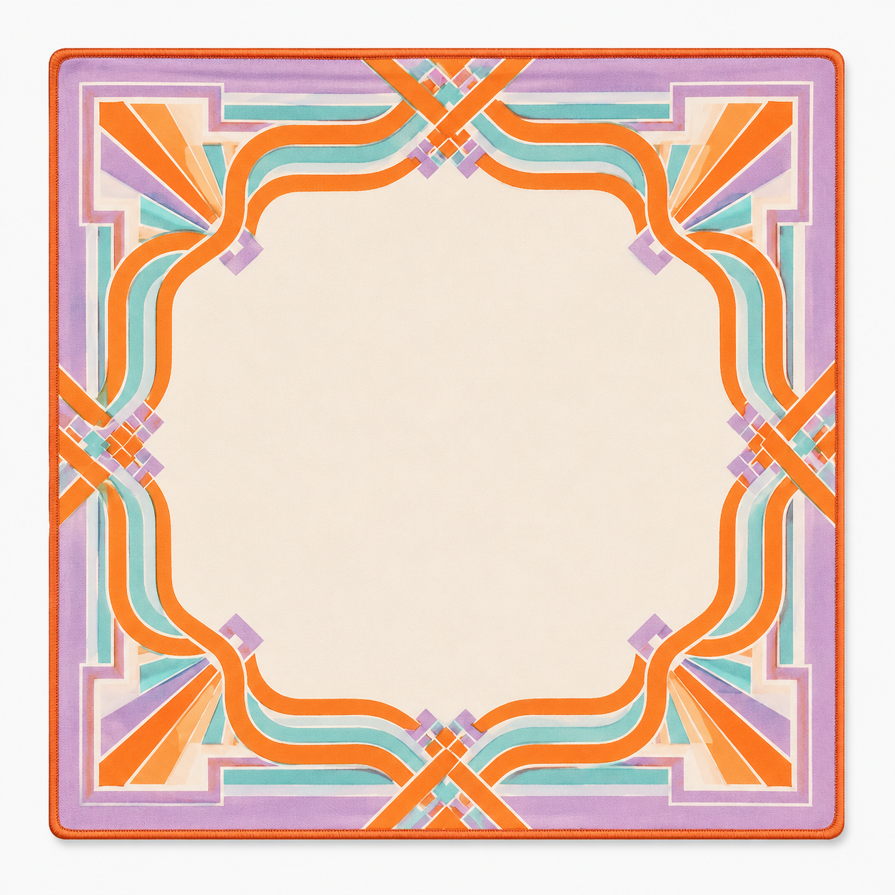 Pastel orange geometric mahjong mat with ornate frame and knot corner accents