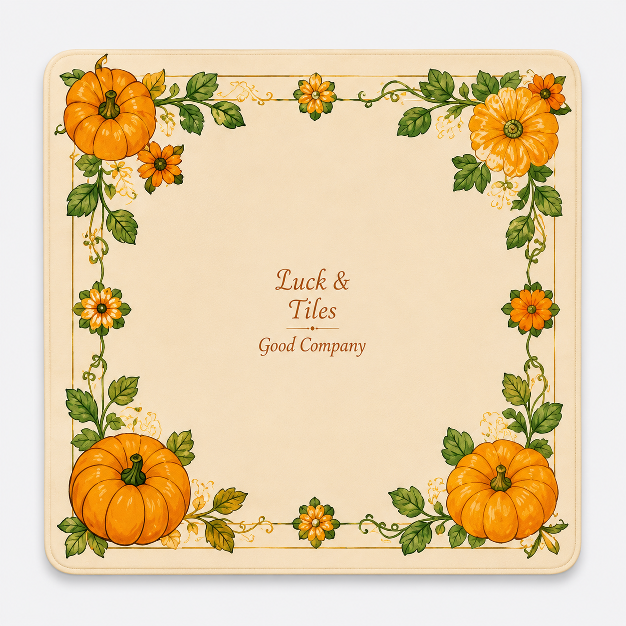 Beige ready-made mahjong mat with orange pumpkin and floral border, rounded corners