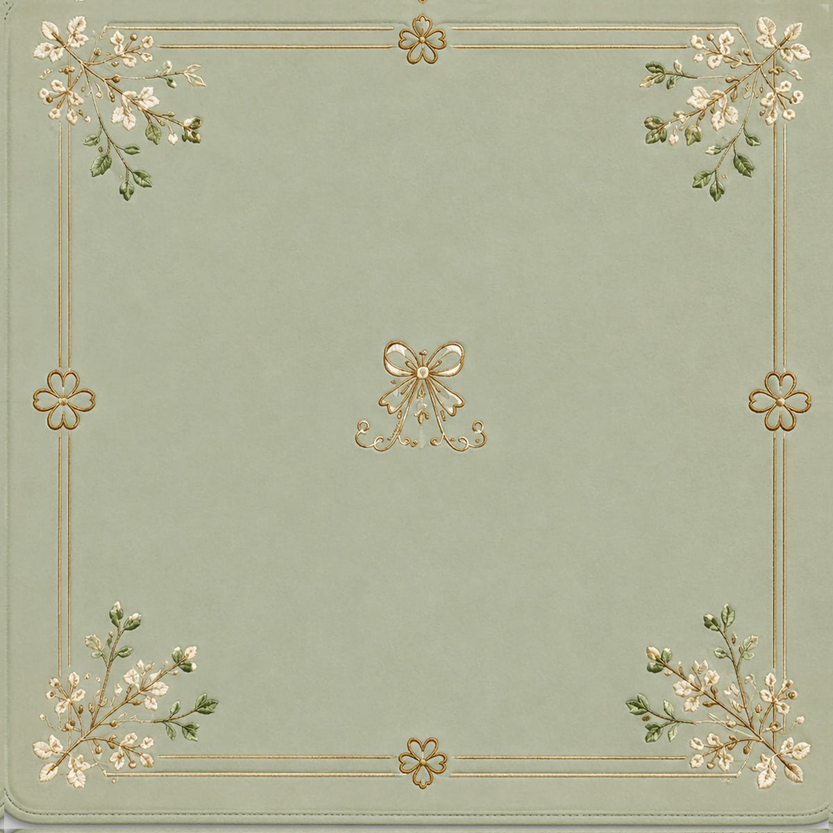 Sage green ready-made mahjong mat with gold floral corner border and central bow