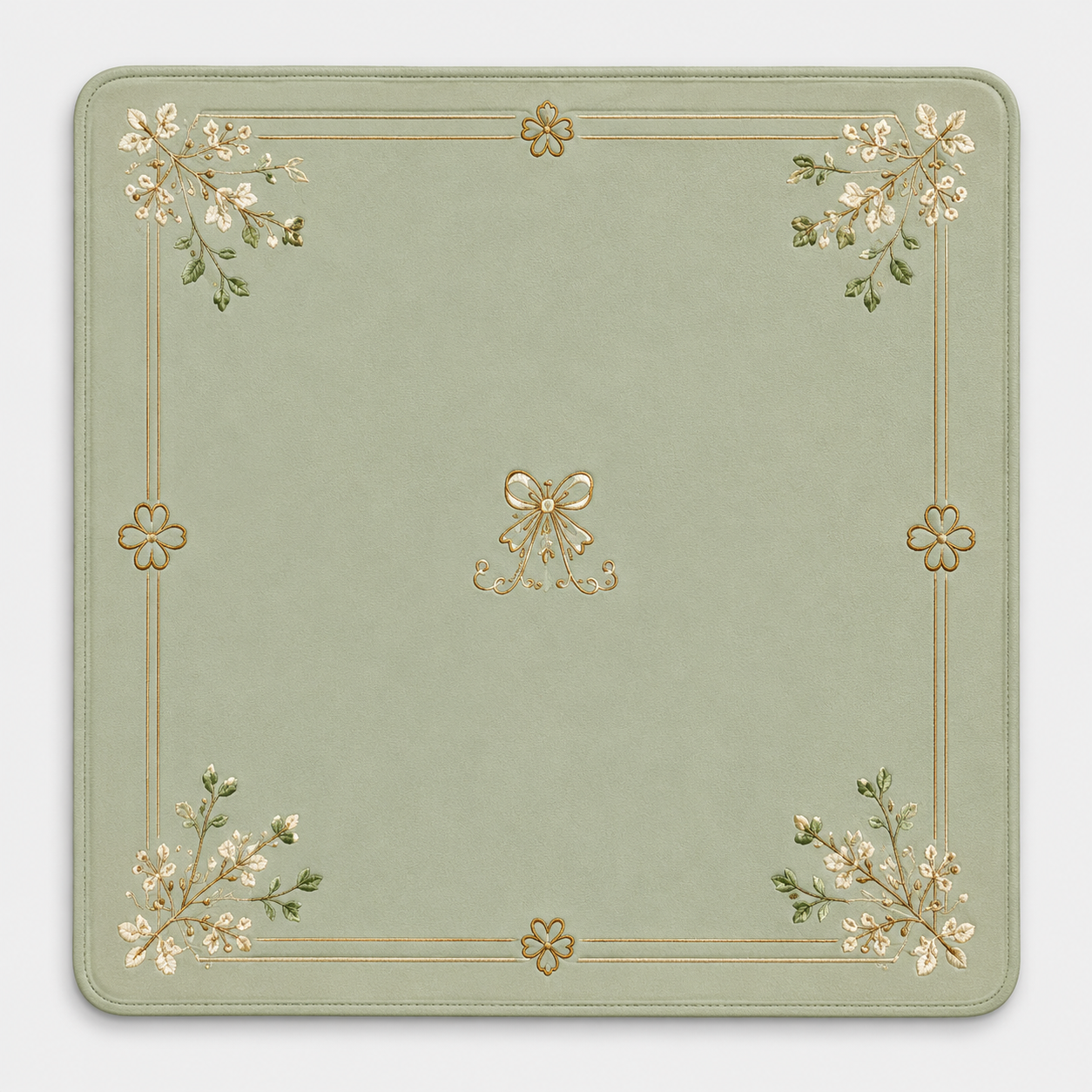 Sage green mahjong mat with gold floral corner border and center ribbon design