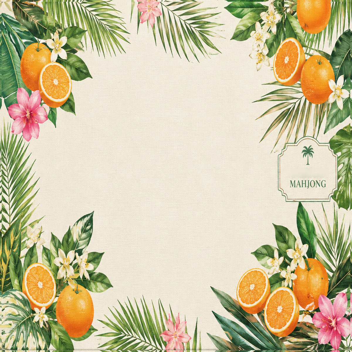 Tropical mahjong mat with orange fruit, palm leaves, and MAHJONG label
