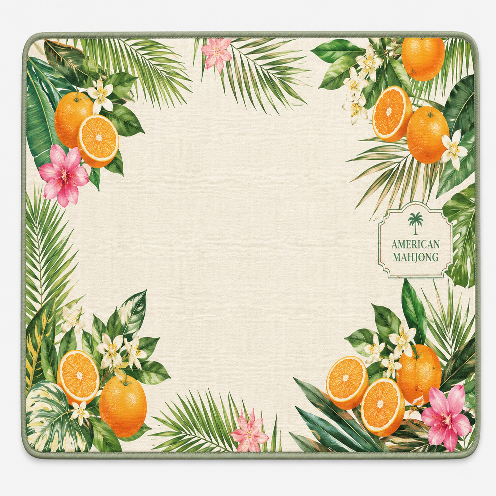 Rectangular tropical mahjong mat with orange fruit and palm leaves, American Mahjong logo