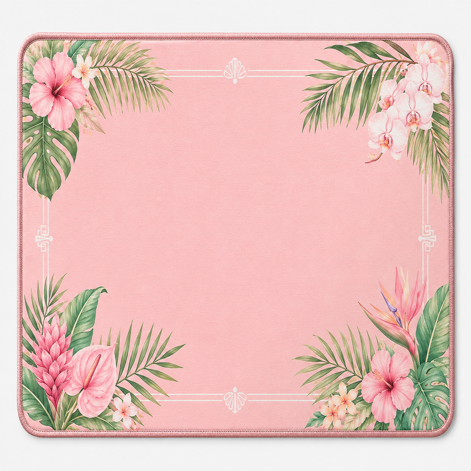 Pink hibiscus corner ready-made mahjong mat with floral leaf border and pink edging