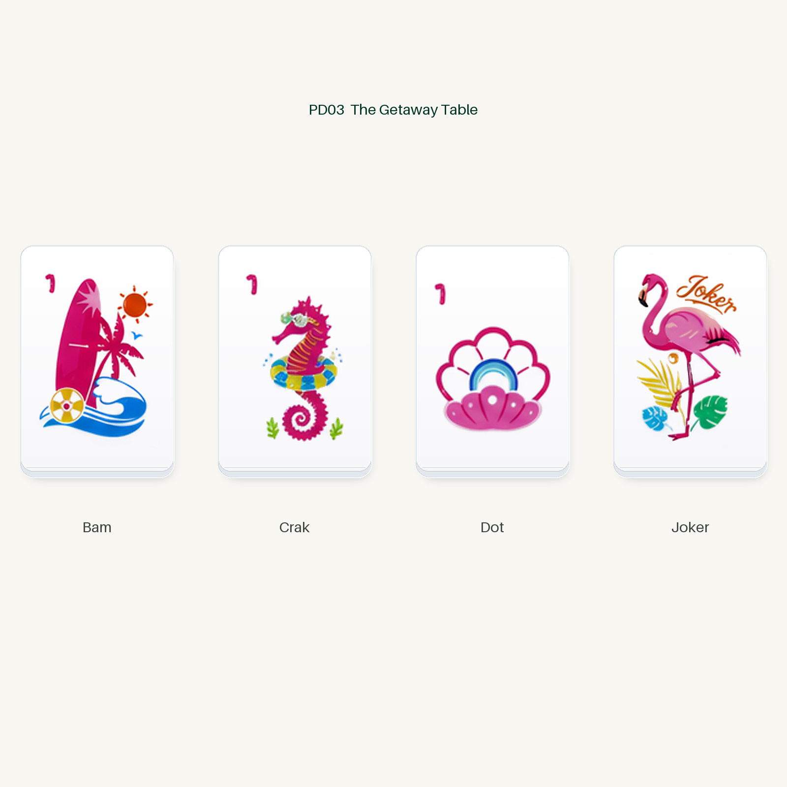 PD03 The Getaway Table sample artwork: Bam, Crak, Dot, and Joker #Table Style_PD03 — The Getaway Table