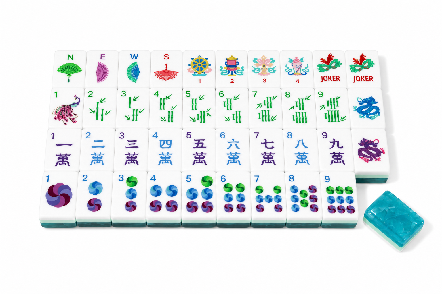 Row of colorful mahjong tiles with character and number faces and two extra tiles