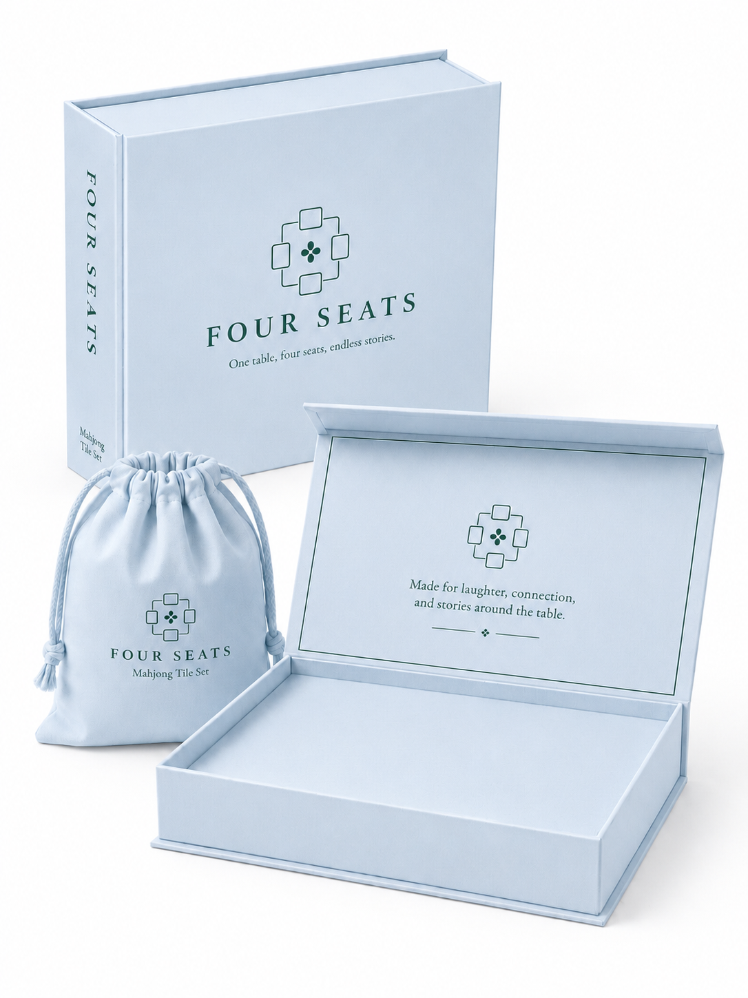 Light blue gift box and drawstring pouch for a mahjong tile game