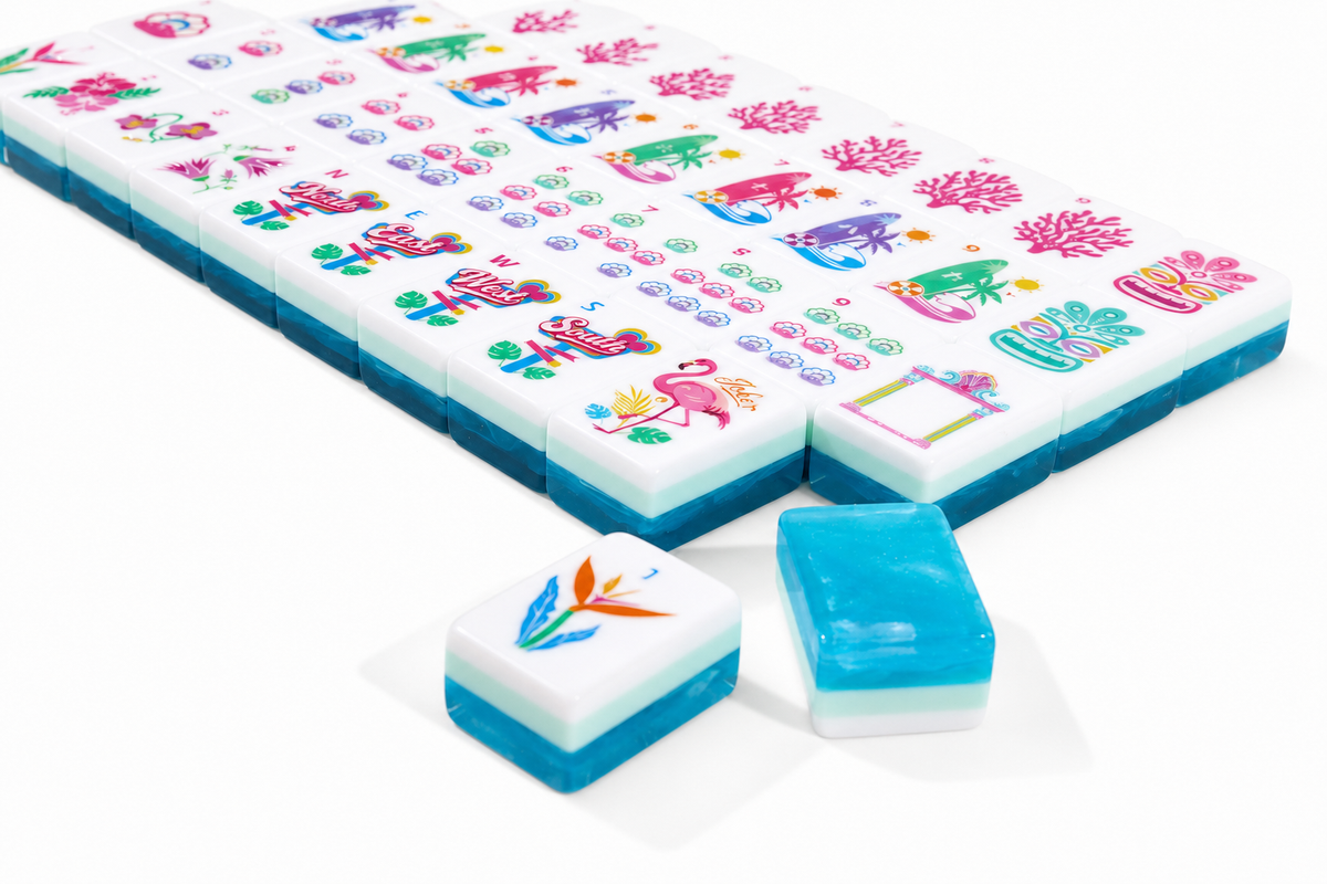 Getaway Lagoon Glow — close-up of tropical tile faces and lagoon-blue acrylic edges #Colorway_Lagoon Glow