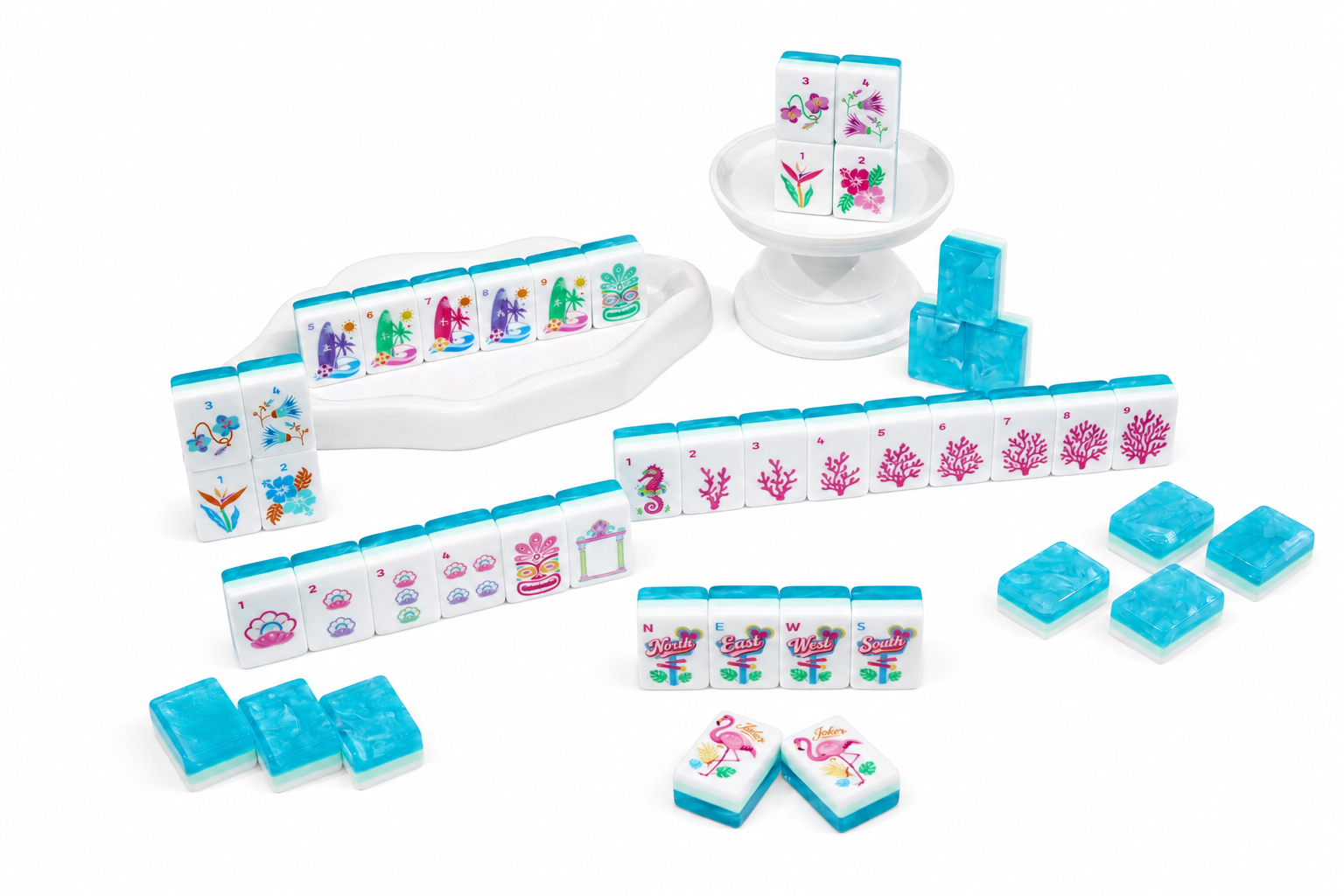 Blue mahjong tile racks and individual tiles with colorful symbol prints