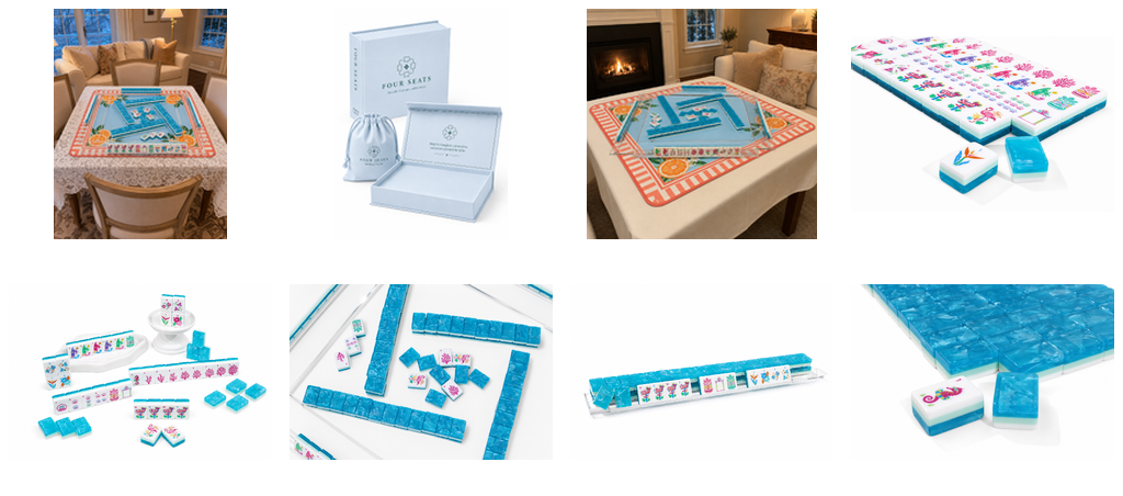 Mahjong tile set shown in multiple views, including mat and assembled walls