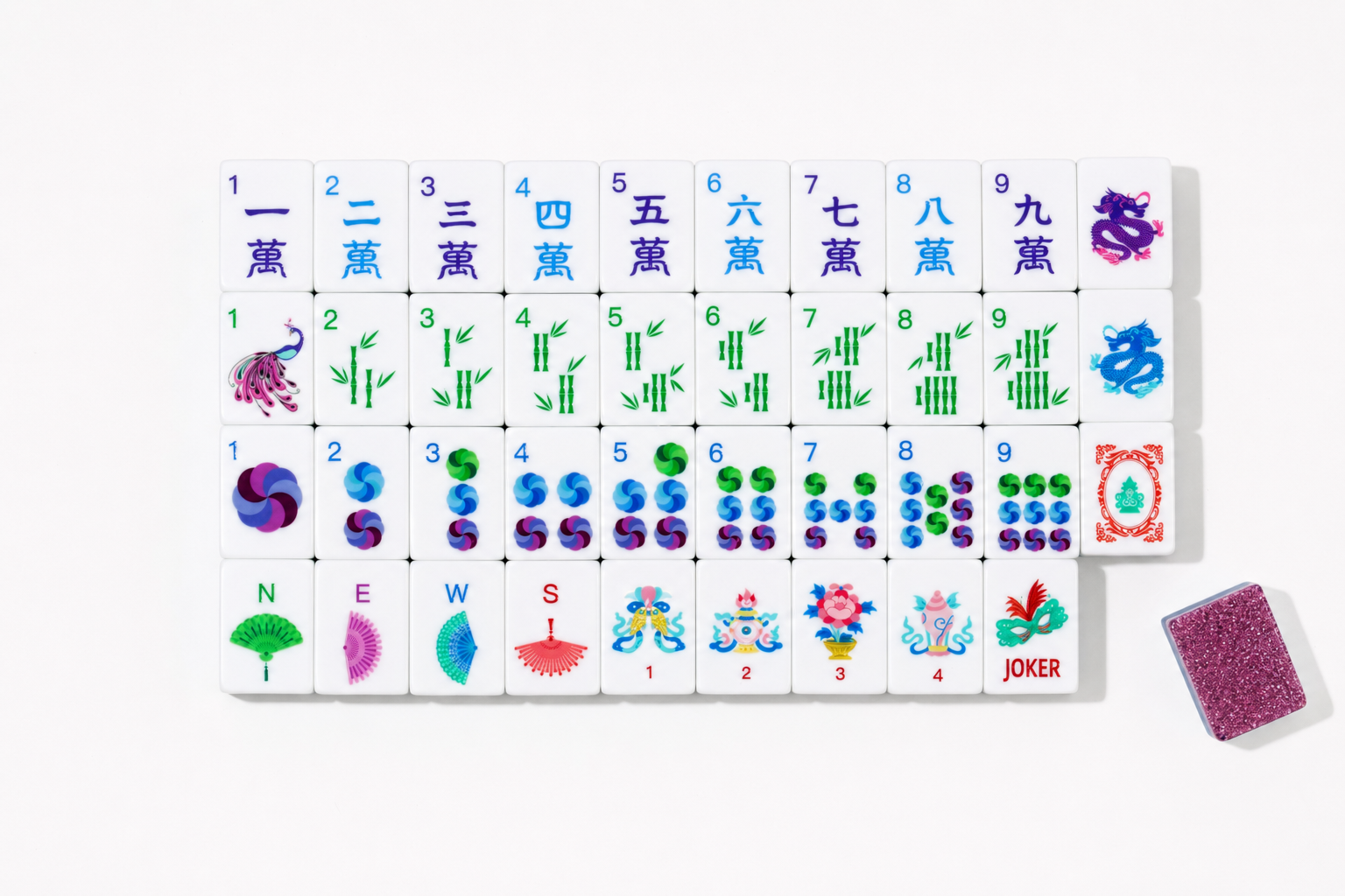 Full face artwork of The Parlor Table Pink Stardust American Mahjong tiles on a white background