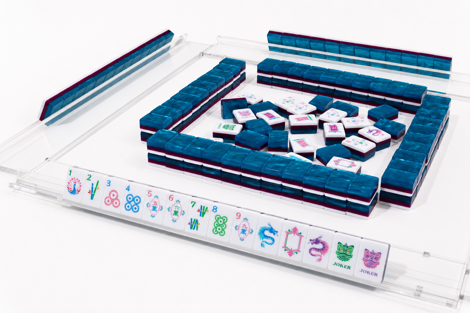 Azure-blue mahjong tile table with raised racks and mixed tile set