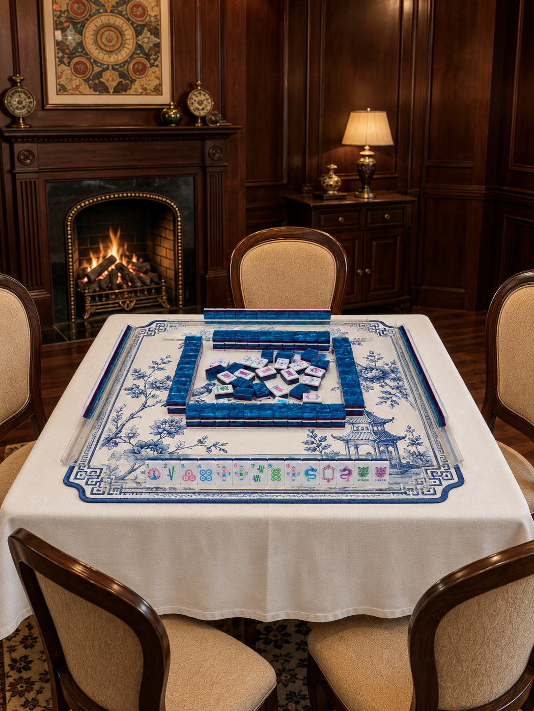 Mahjong table with blue tile set on patterned white tablecloth