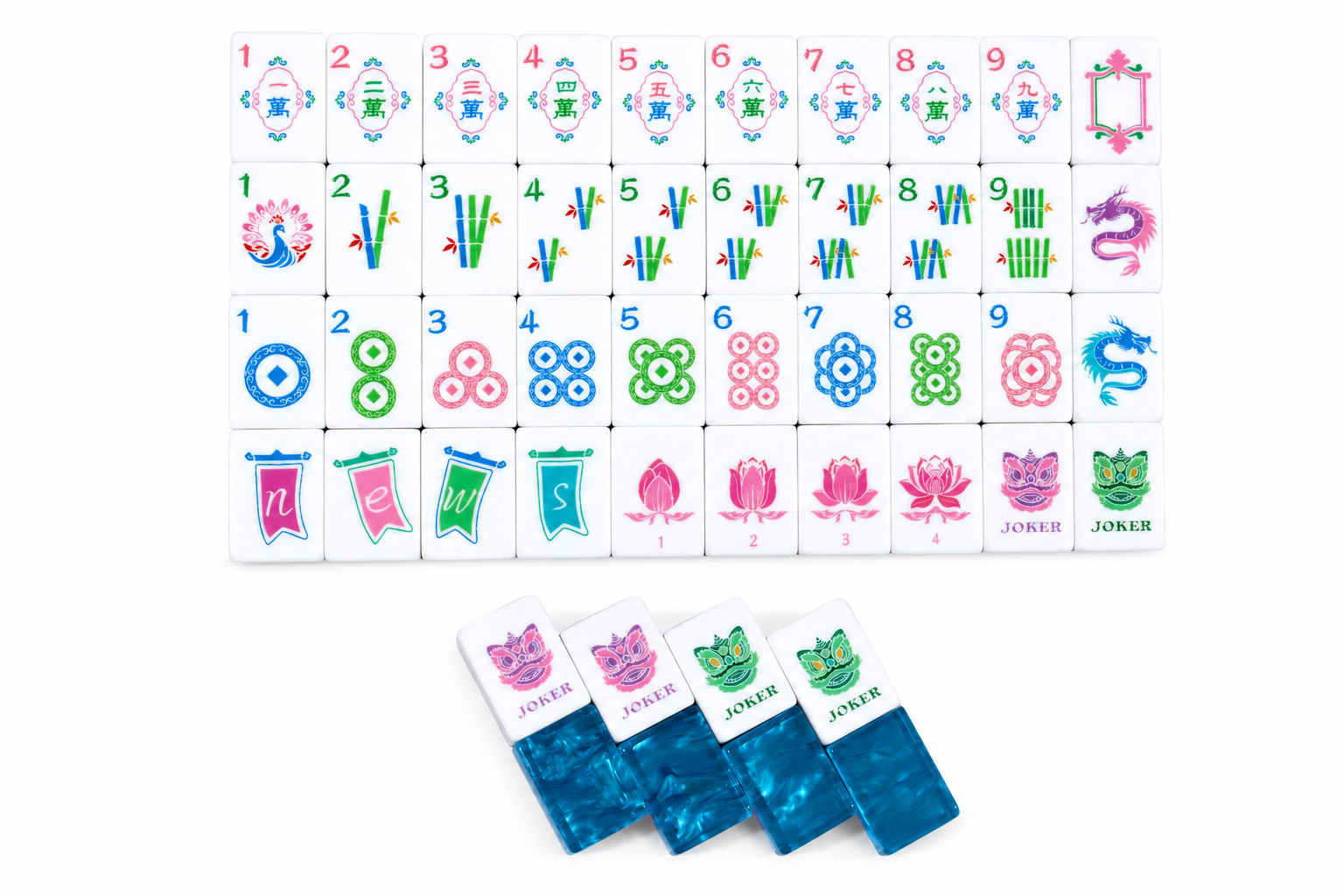Mahjong tile set with colorful suit/number tiles and Joker tiles in blue