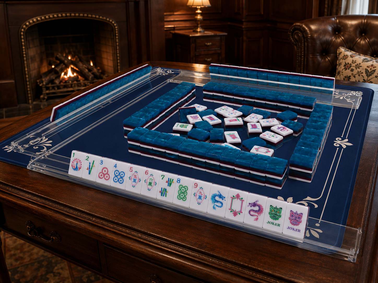 Mahjong tile set with blue tray and clear base, holding colorful tile faces