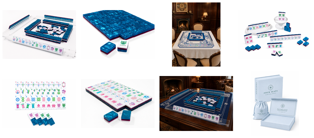 Mahjong tile table set with blue patterned mat and matching colorful tiles