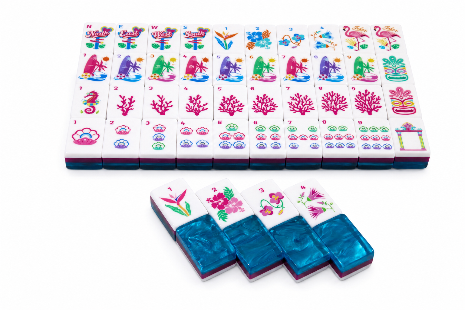Mahjong tile set tray with upright tiles and matching blue tile racks