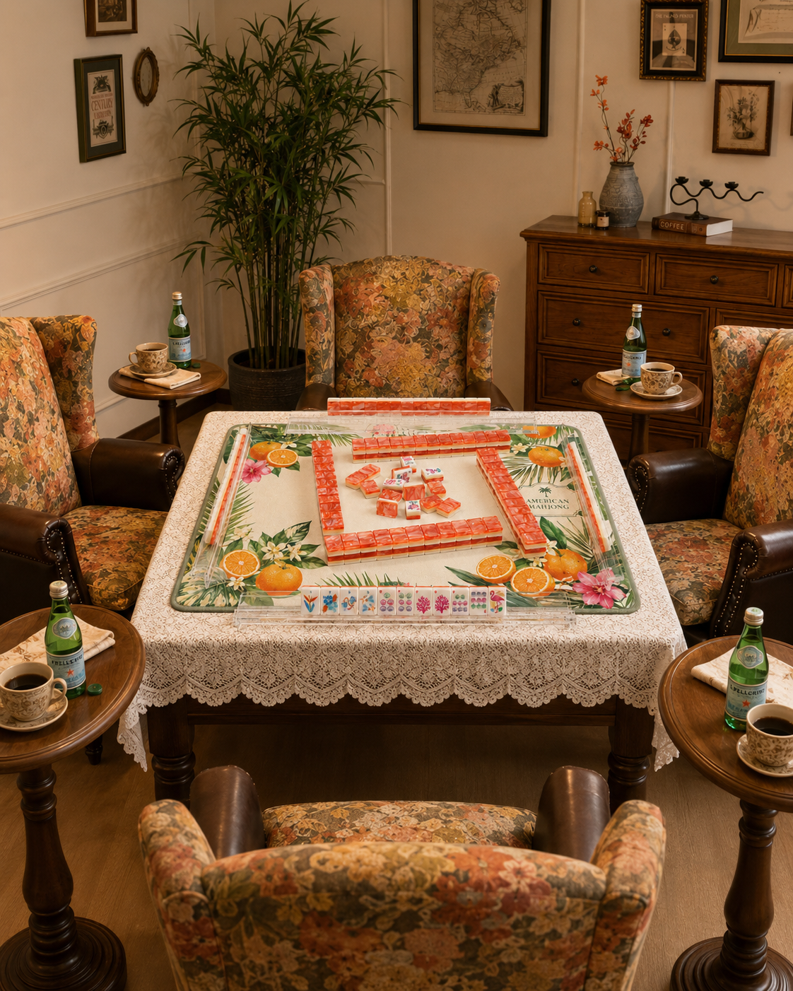 Mahjong tile set on round table with coral-orange tiles and colorful tile rows