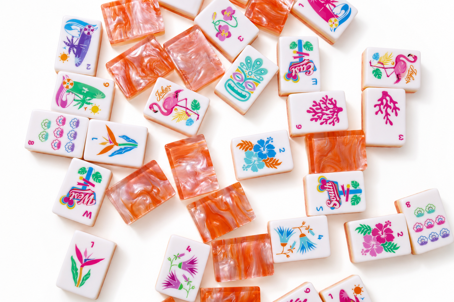 Scattered coral-orange and white mahjong tiles with colorful animal and flower designs