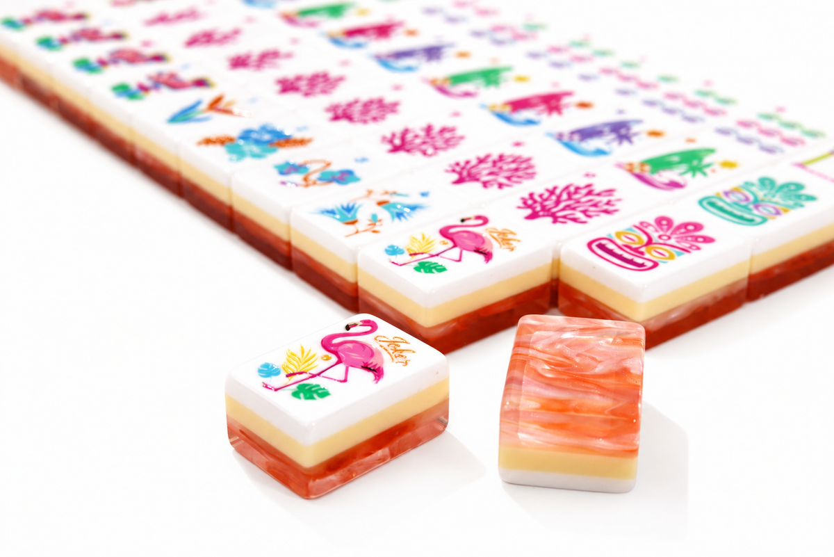 Getaway Coral Blush — close-up of tropical tile faces and pearly coral acrylic backs #Colorway_Coral Blush