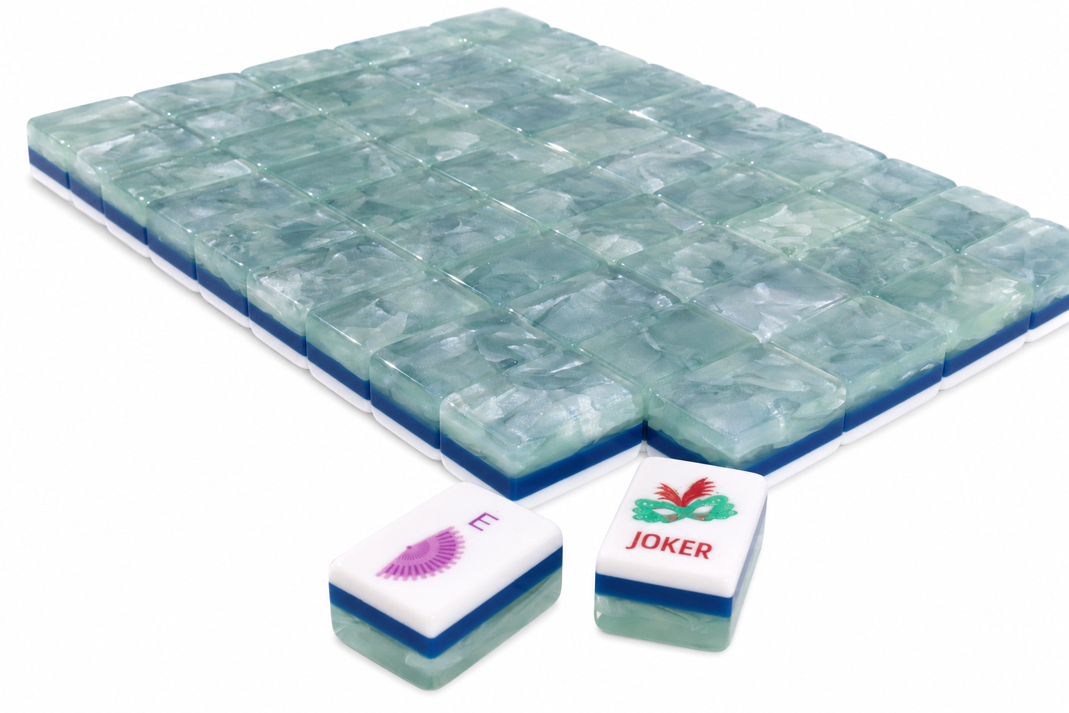 Jade-green mahjong tile block stack with a blue-green base edge and white Joker tiles