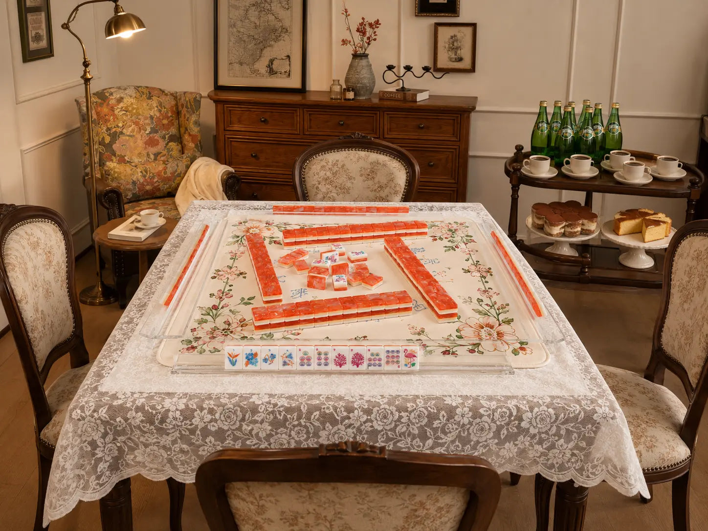 A Mahjong table prepared for four guests