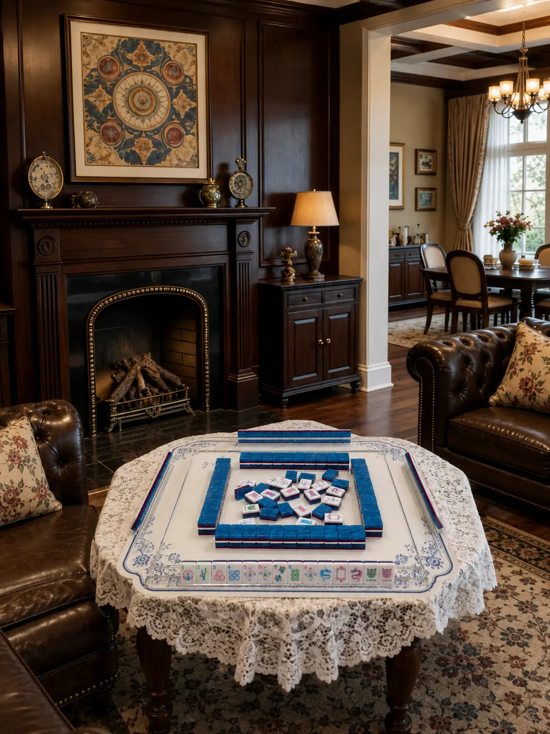 A blue Mahjong table in a richly styled room