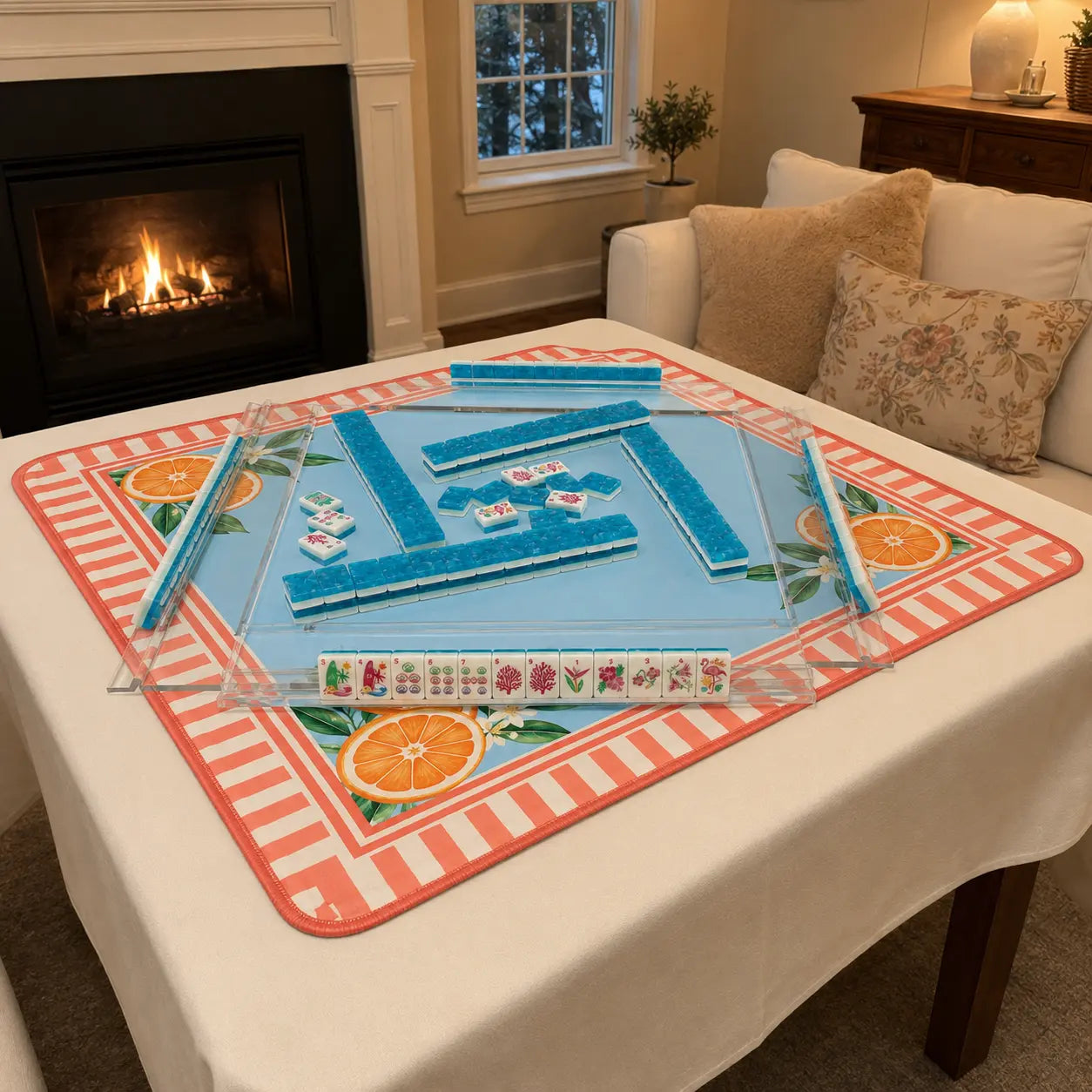A colorful Mahjong table in a cozy room