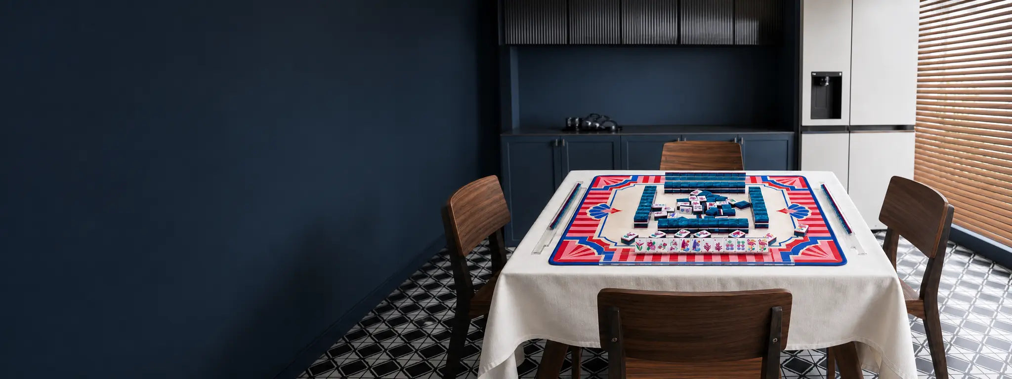 A prepared Mahjong table in an elegant room