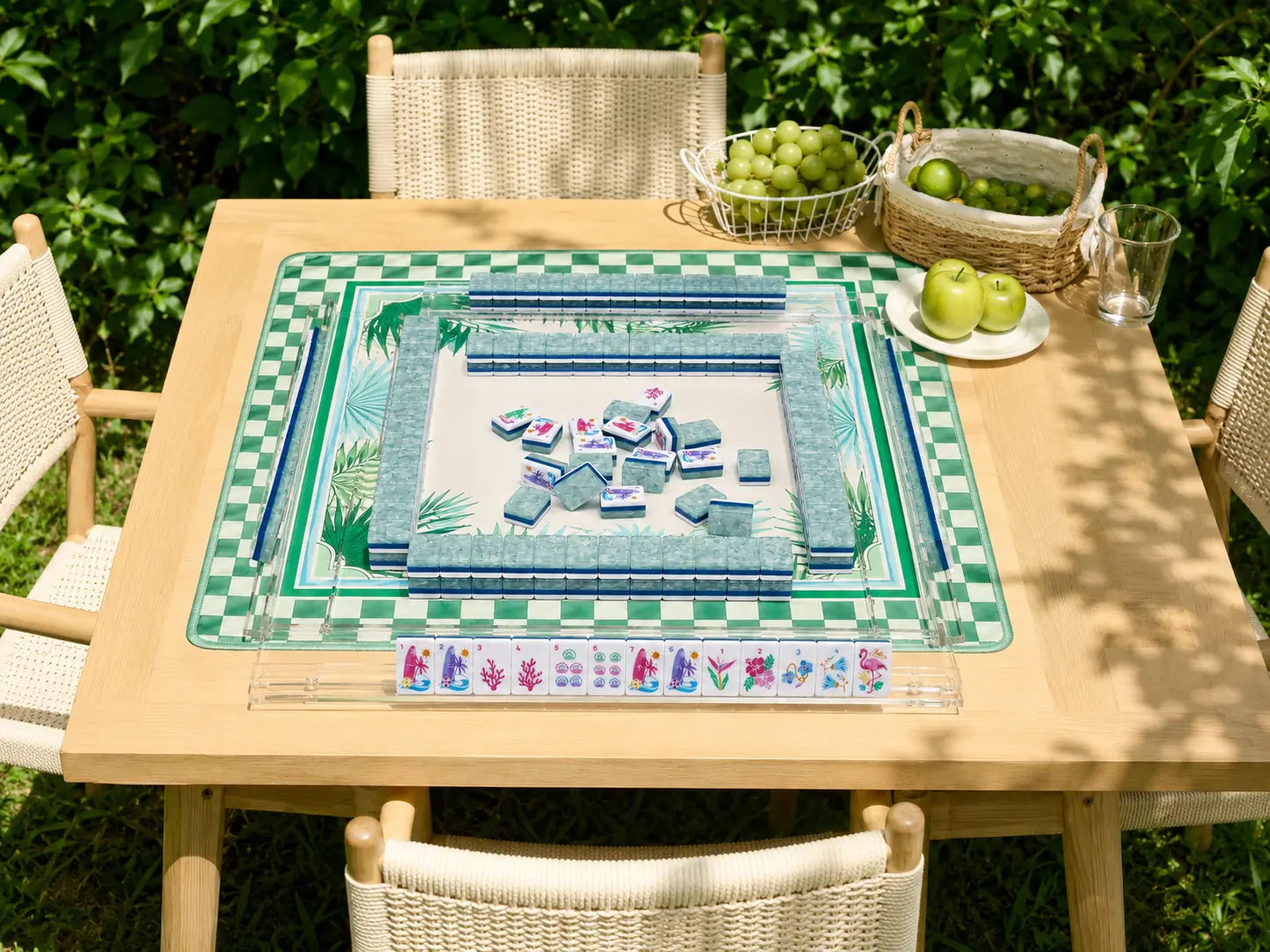 A Mahjong set prepared for a sunny gathering