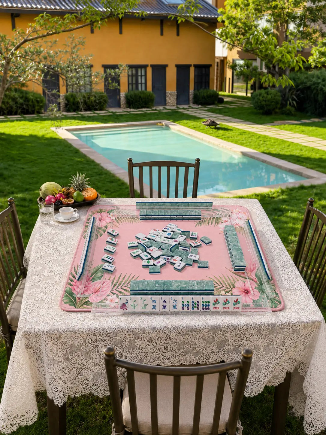 A colorful Mahjong gathering beside a pool